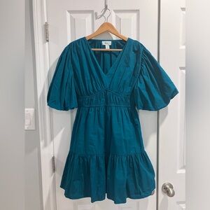 Japna Blue Tiered Puff V-Neck Cotton Sleeve Mini Dress